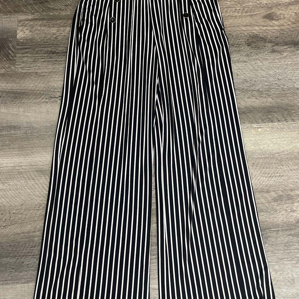 Sabrina Lauren Stripe Pull On Wide Leg Pants with Button Detail
